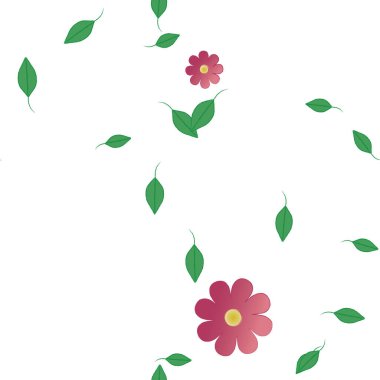 Basit renkli çiçekleri ve arka planda yeşil yaprakları olan güzel kompozisyon, vektör illüstrasyonu