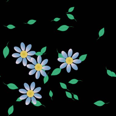 Serbest kompozisyonda yeşil yapraklı basit çiçekler, vektör illüstrasyonu