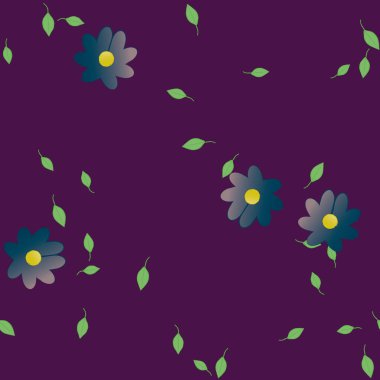 Basit renkli çiçekleri ve arka planda yeşil yaprakları olan güzel kompozisyon, vektör illüstrasyonu