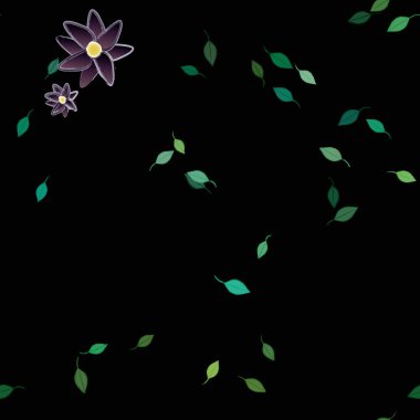 Basit renkli çiçekleri ve arka planda yeşil yaprakları olan güzel kompozisyon, vektör illüstrasyonu