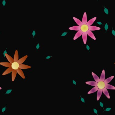 basit renkli çiçekleri olan serbest kompozisyon ve duvar kağıdı için yeşil yapraklar, vektör illüstrasyonu