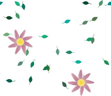 Basit renkli çiçekleri ve arka planda yeşil yaprakları olan güzel kompozisyon, vektör illüstrasyonu