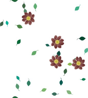 Serbest kompozisyonda yeşil yapraklı basit çiçekler, vektör illüstrasyonu