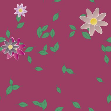 Basit renkli çiçekleri ve arka planda yeşil yaprakları olan güzel kompozisyon, vektör illüstrasyonu