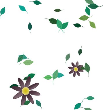 basit renkli çiçekleri olan serbest kompozisyon ve duvar kağıdı için yeşil yapraklar, vektör illüstrasyonu