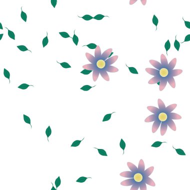 Serbest kompozisyonda yeşil yapraklı basit çiçekler, vektör illüstrasyonu