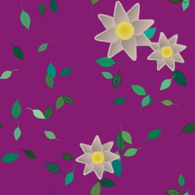 Basit renkli çiçekleri ve arka planda yeşil yaprakları olan güzel kompozisyon, vektör illüstrasyonu