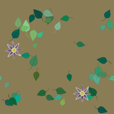 Basit renkli çiçekleri ve arka planda yeşil yaprakları olan güzel kompozisyon, vektör illüstrasyonu  