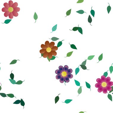 basit renkli çiçekleri olan serbest kompozisyon ve duvar kağıdı için yeşil yapraklar, vektör illüstrasyonu