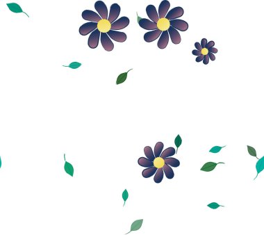 Basit renkli çiçekleri ve beyaz arkaplanda yeşil yaprakları olan güzel kompozisyon, vektör illüstrasyonu  