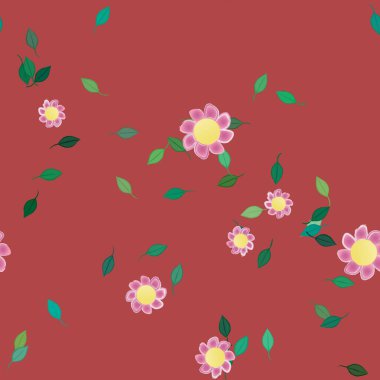 Basit renkli çiçekleri ve arka planda yeşil yaprakları olan güzel kompozisyon, vektör illüstrasyonu