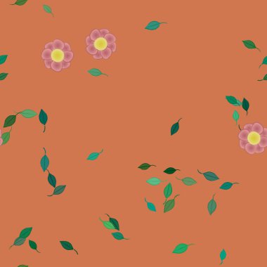 basit renkli çiçekleri olan serbest kompozisyon ve duvar kağıdı için yeşil yapraklar, vektör illüstrasyonu