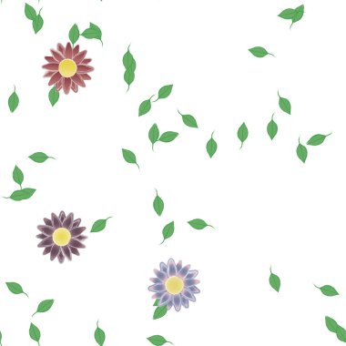 Basit renkli çiçekleri ve arka planda yeşil yaprakları olan güzel kompozisyon, vektör illüstrasyonu