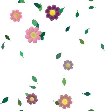 Basit renkli çiçekleri ve arka planda yeşil yaprakları olan güzel kompozisyon, vektör illüstrasyonu