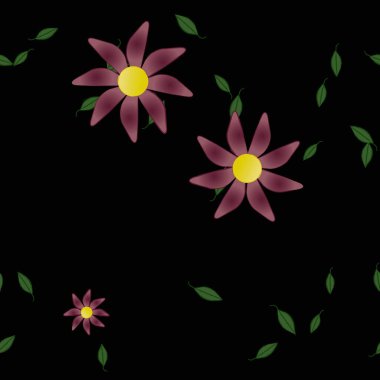 Basit renkli çiçekleri ve arka planda yeşil yaprakları olan güzel kompozisyon, vektör illüstrasyonu