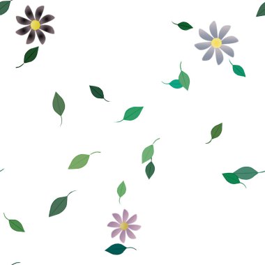 Basit renkli çiçekleri ve arka planda yeşil yaprakları olan güzel kompozisyon, vektör illüstrasyonu