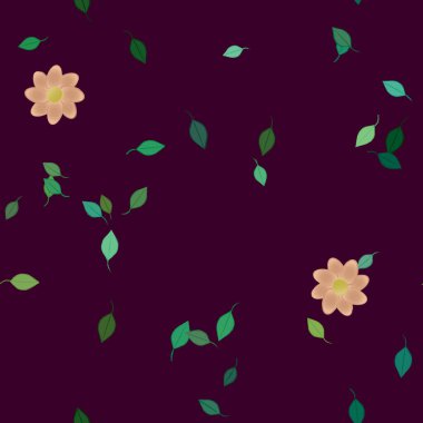 Serbest kompozisyonda yeşil yapraklı basit çiçekler, vektör illüstrasyonu