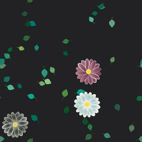 Modèle Vectoriel Avec Des Fleurs Colorées Simples Des Feuilles Vertes — Image vectorielle