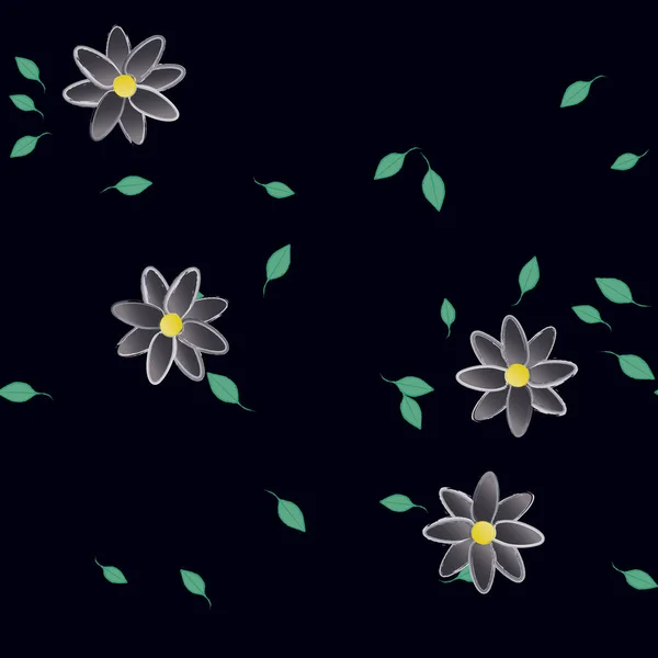 Composição Bonita Com Flores Coloridas Simples Folhas Verdes Fundo Preto — Vetor de Stock