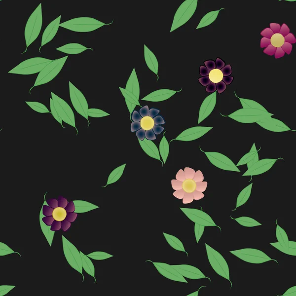 Красивая Композиция Простыми Цветными Цветами Зелеными Листьями Черном Фоне Векторная — стоковый вектор