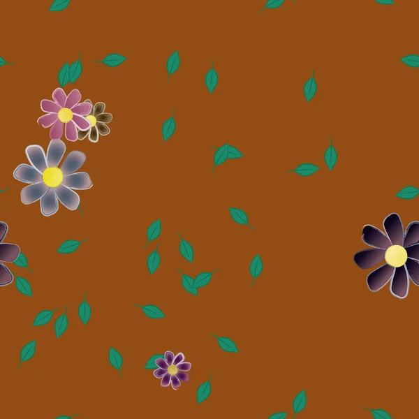 Vectorsjabloon Met Eenvoudige Kleurrijke Bloemen Groene Bladeren — Stockvector