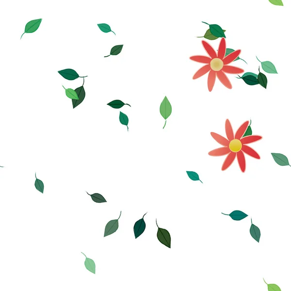 Composição Bonita Com Flores Coloridas Simples Folhas Verdes Fundo Branco — Vetor de Stock
