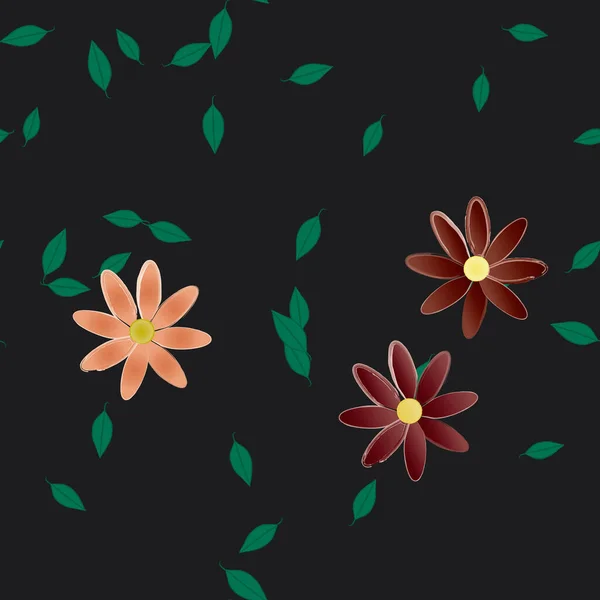 Plantilla Vector Con Flores Coloridas Simples Hojas Verdes — Archivo Imágenes Vectoriales