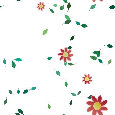 Serbest kompozisyonda yeşil yapraklı basit çiçekler, vektör illüstrasyonu