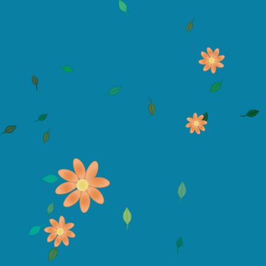 Basit renkli çiçekleri ve arka planda yeşil yaprakları olan güzel kompozisyon, vektör illüstrasyonu