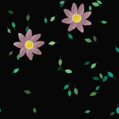 Serbest kompozisyonda yeşil yapraklı basit çiçekler, vektör illüstrasyonu