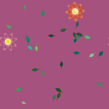 Serbest kompozisyonda yeşil yapraklı basit çiçekler, vektör illüstrasyonu