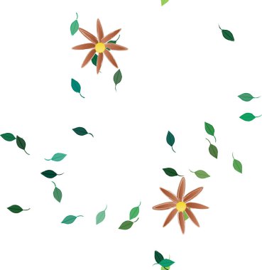 Basit renkli çiçekleri ve arka planda yeşil yaprakları olan güzel kompozisyon, vektör illüstrasyonu