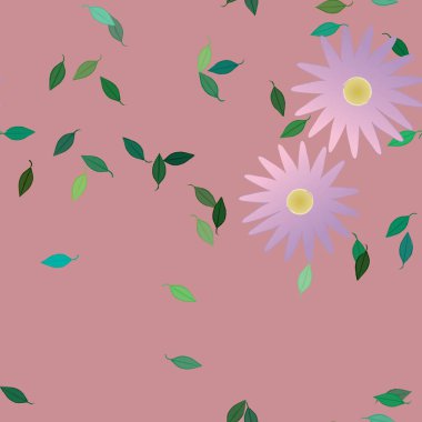 Serbest kompozisyonda yeşil yapraklı basit çiçekler, vektör illüstrasyonu