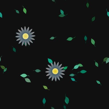 basit renkli çiçekleri olan serbest kompozisyon ve duvar kağıdı için yeşil yapraklar, vektör illüstrasyonu