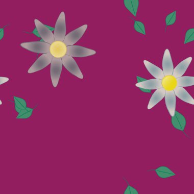 Basit renkli çiçekleri ve arka planda yeşil yaprakları olan güzel kompozisyon, vektör illüstrasyonu