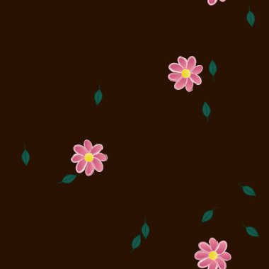 basit renkli çiçekleri olan serbest kompozisyon ve duvar kağıdı için yeşil yapraklar, vektör illüstrasyonu