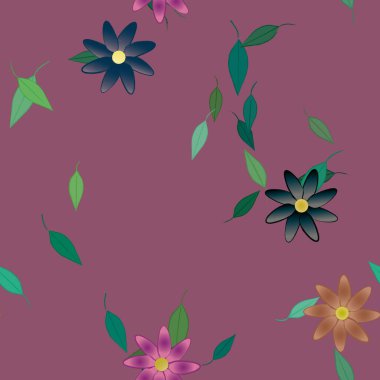 Basit renkli çiçekleri ve arka planda yeşil yaprakları olan güzel kompozisyon, vektör illüstrasyonu  