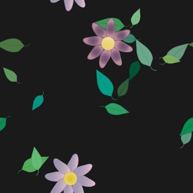 Basit renkli çiçekleri ve arka planda yeşil yaprakları olan güzel kompozisyon, vektör illüstrasyonu