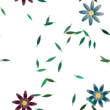 Serbest kompozisyonda yeşil yapraklı basit çiçekler, vektör illüstrasyonu