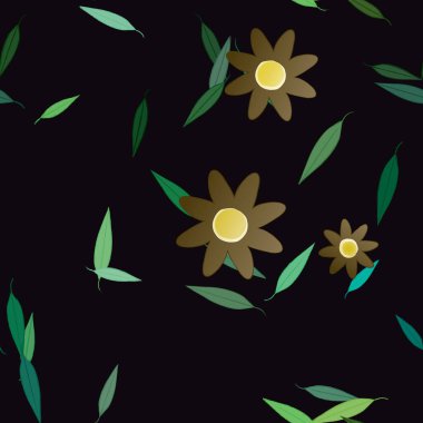 Serbest kompozisyonda yeşil yapraklı basit çiçekler, vektör illüstrasyonu