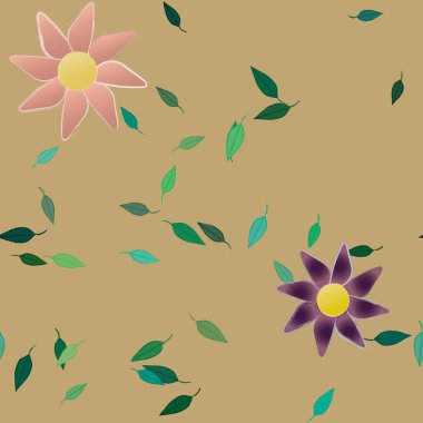 Basit çiçek ve yeşil yapraklı tasarım kompozisyonu, vektör illüstrasyonu