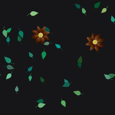 Basit renkli çiçekleri ve arka planda yeşil yaprakları olan güzel kompozisyon, vektör illüstrasyonu