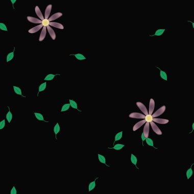 Serbest kompozisyonda yeşil yapraklı basit çiçekler, vektör illüstrasyonu