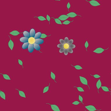 Serbest kompozisyonda yeşil yapraklı basit çiçekler, vektör illüstrasyonu