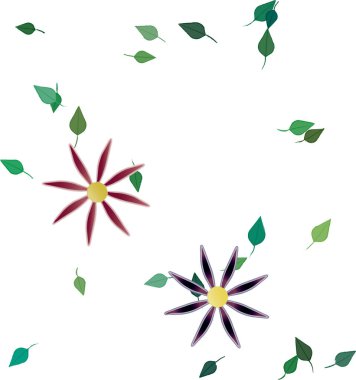 Basit renkli çiçekleri ve arka planda yeşil yaprakları olan güzel kompozisyon, vektör illüstrasyonu