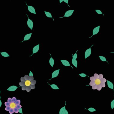 Basit renkli çiçekleri ve arka planda yeşil yaprakları olan güzel kompozisyon, vektör illüstrasyonu