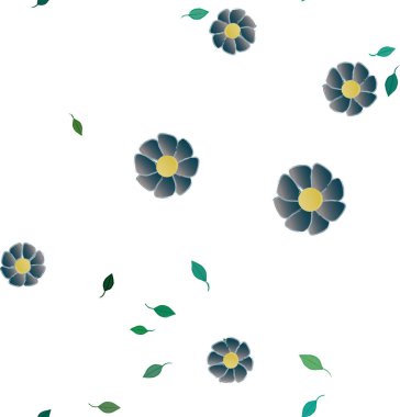 Basit renkli çiçekleri ve arka planda yeşil yaprakları olan güzel kompozisyon, vektör illüstrasyonu