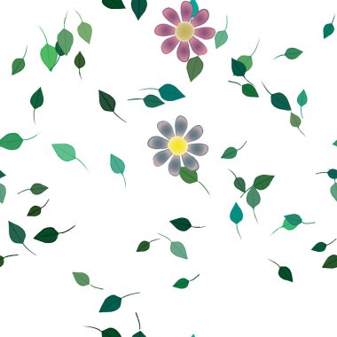 Basit renkli çiçekleri ve arka planda yeşil yaprakları olan güzel kompozisyon, vektör illüstrasyonu