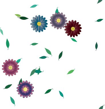 Basit renkli çiçekleri ve arka planda yeşil yaprakları olan güzel kompozisyon, vektör illüstrasyonu