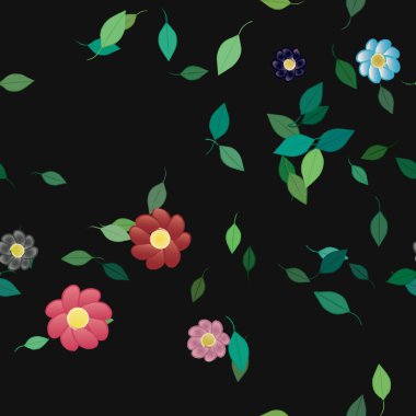 basit renkli çiçekleri olan serbest kompozisyon ve duvar kağıdı için yeşil yapraklar, vektör illüstrasyonu